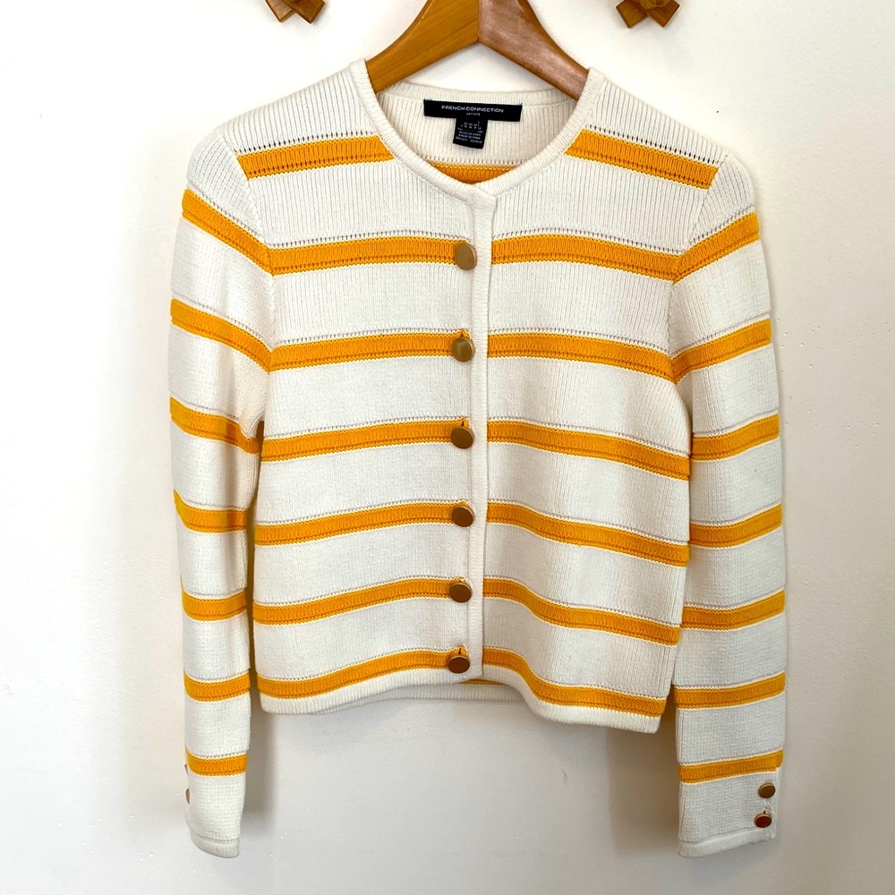 French Connection White and Yellow Striped Marloe Cardigan Sz 8